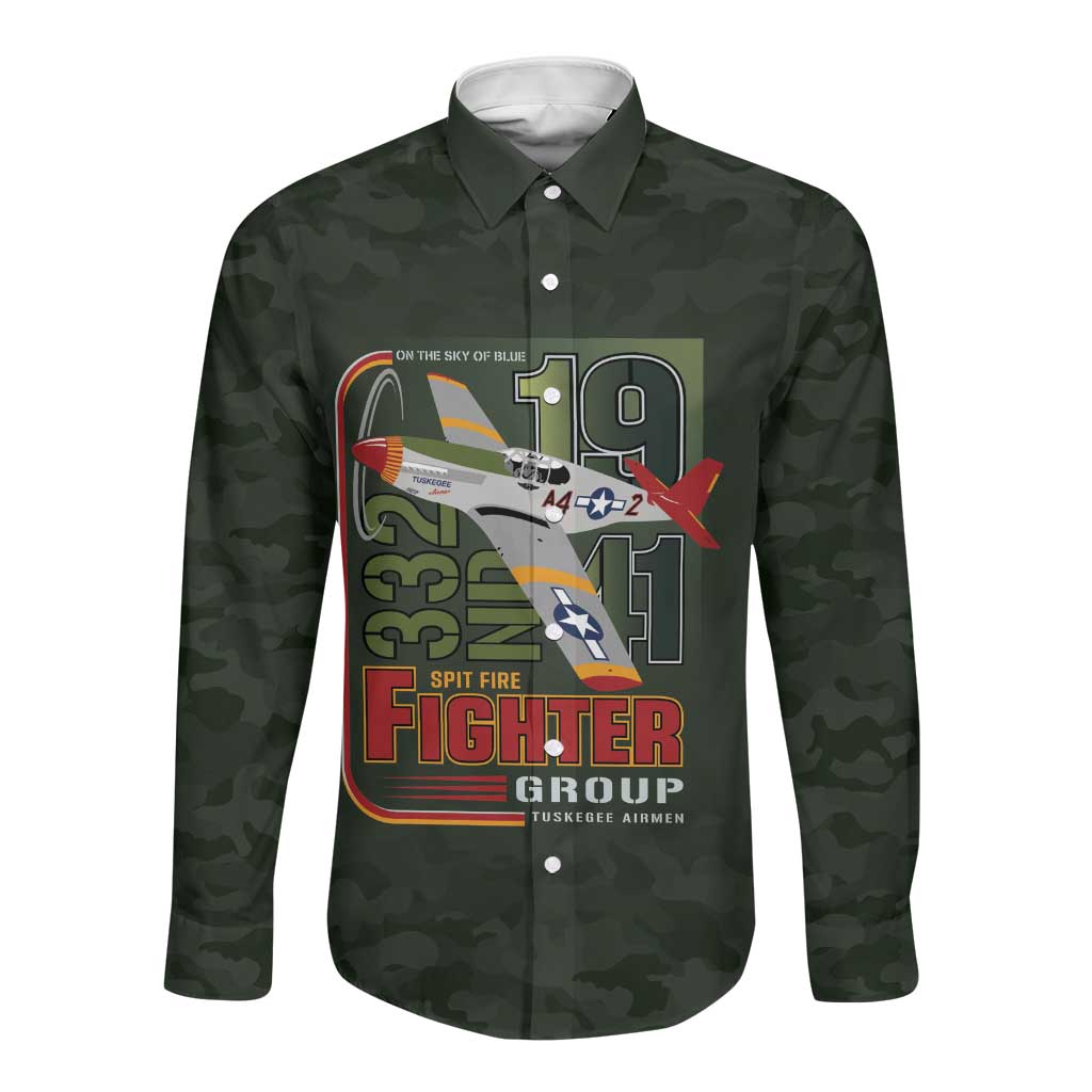 Tuskegee Airmen Camo Moss Green Long Sleeve Button Shirt 332nd Spit Fire - African Pride