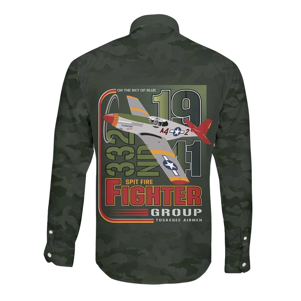 Tuskegee Airmen Camo Moss Green Long Sleeve Button Shirt 332nd Spit Fire - African Pride