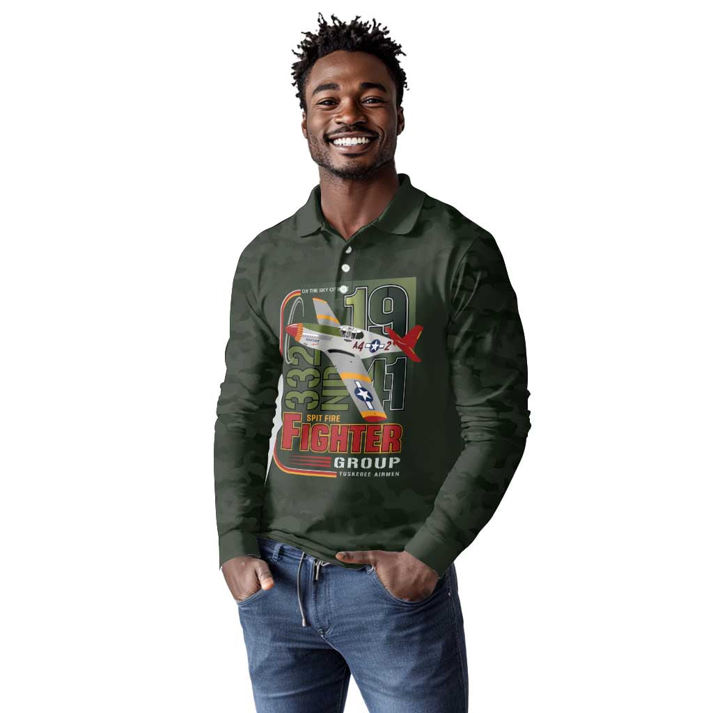 Tuskegee Airmen Camo Moss Green Long Sleeve Polo Shirt 332nd Spit Fire - African Pride