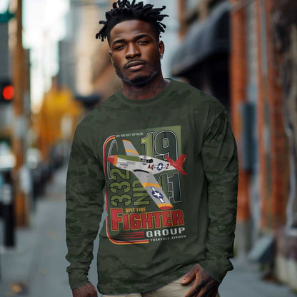 Tuskegee Airmen Camo Moss Green Long Sleeve Shirt 332nd Spit Fire - African Pride