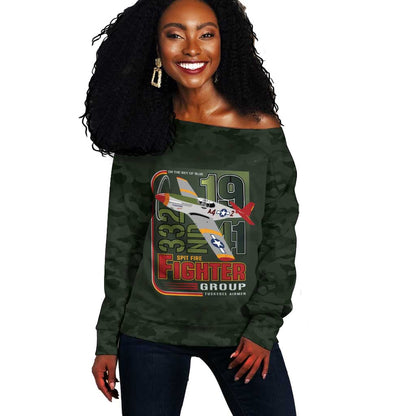 Tuskegee Airmen Camo Moss Green Off Shoulder Sweater 332nd Spit Fire - African Pride