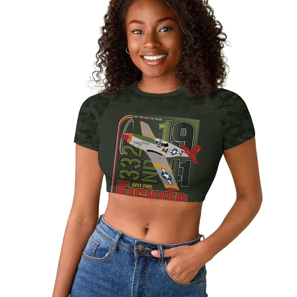 Tuskegee Airmen Camo Moss Green Raglan Cropped T shirt 332nd Spit Fire - African Pride