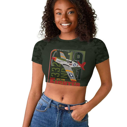 Tuskegee Airmen Camo Moss Green Raglan Cropped T shirt 332nd Spit Fire - African Pride