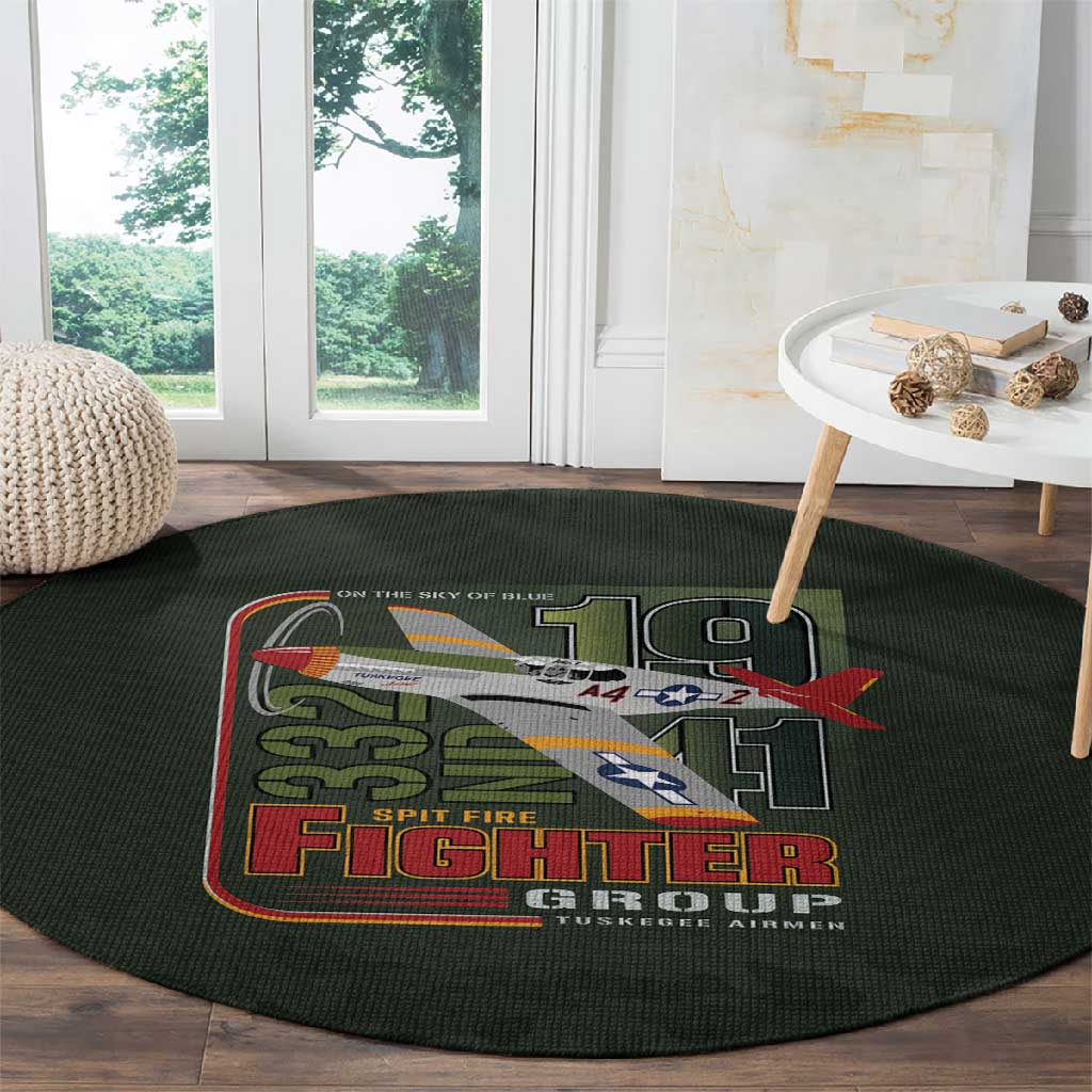 Tuskegee Airmen Camo Moss Green Round Carpet 332nd Spit Fire - African Pride
