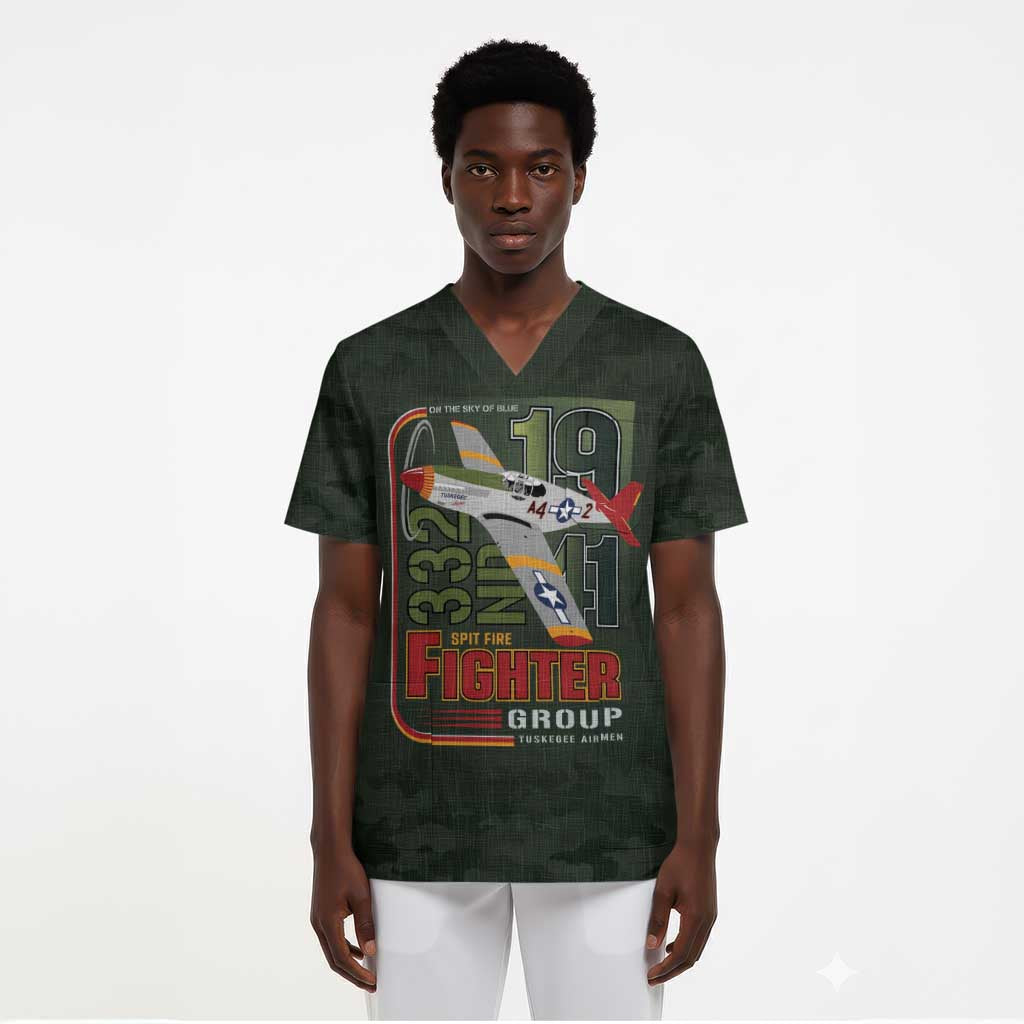 Tuskegee Airmen Camo Moss Green Scrub Top 332nd Spit Fire - African Pride