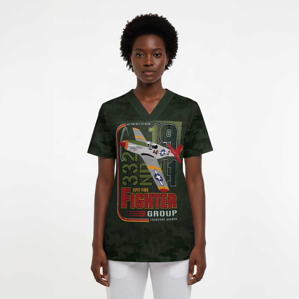 Tuskegee Airmen Camo Moss Green Scrub Top 332nd Spit Fire - African Pride