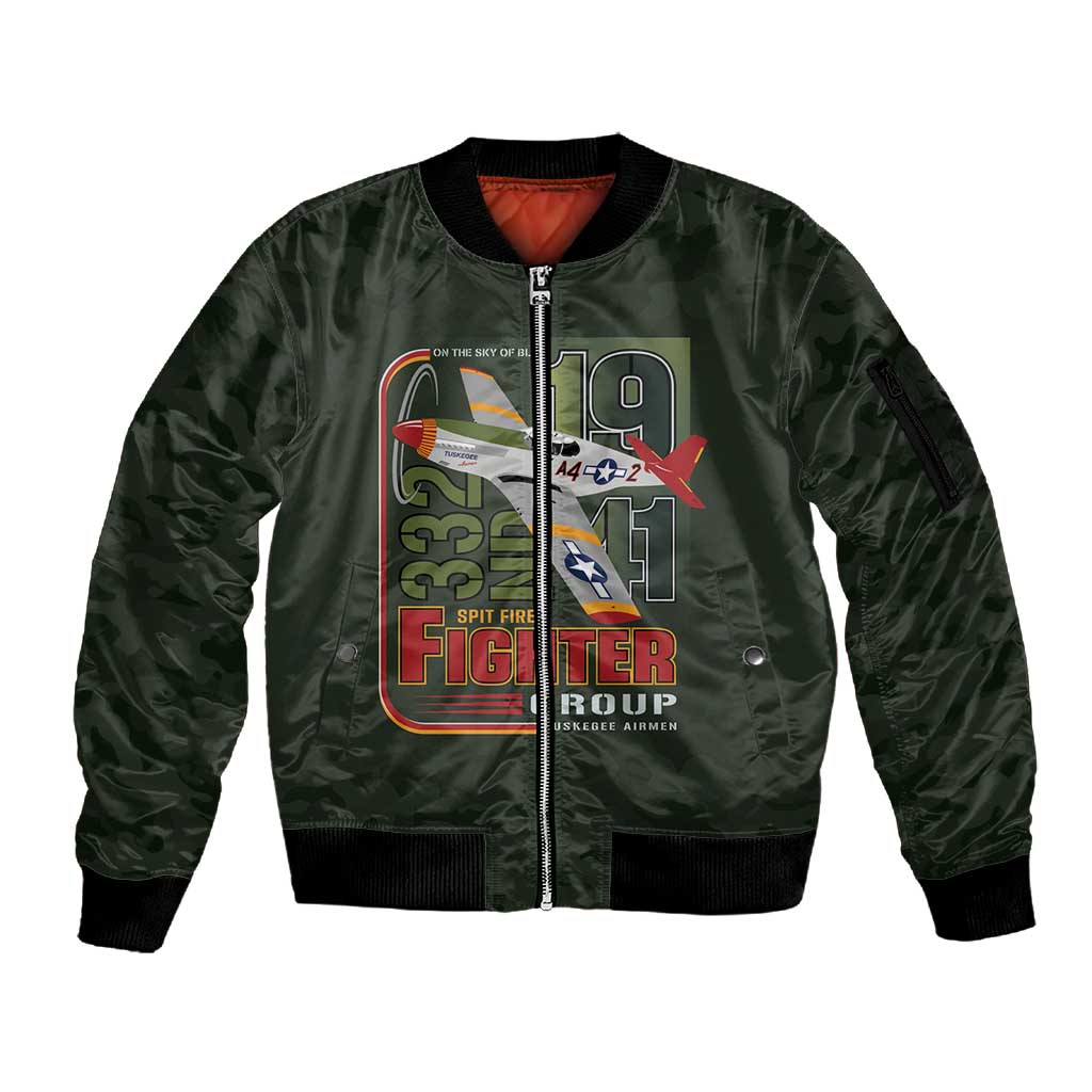 Tuskegee Airmen Camo Moss Green Sleeve Zip Bomber Jacket 332nd Spit Fire - African Pride