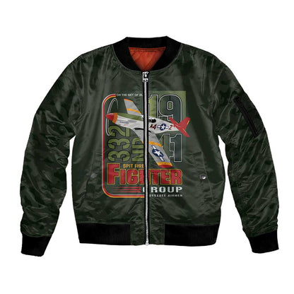 Tuskegee Airmen Camo Moss Green Sleeve Zip Bomber Jacket 332nd Spit Fire - African Pride
