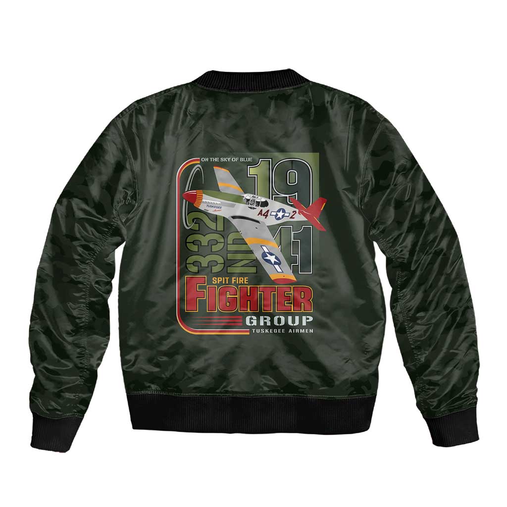 Tuskegee Airmen Camo Moss Green Sleeve Zip Bomber Jacket 332nd Spit Fire - African Pride