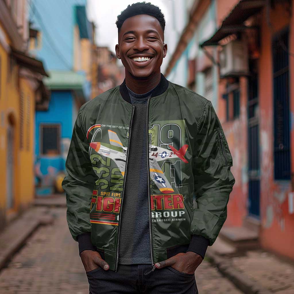 Tuskegee Airmen Camo Moss Green Sleeve Zip Bomber Jacket 332nd Spit Fire - African Pride