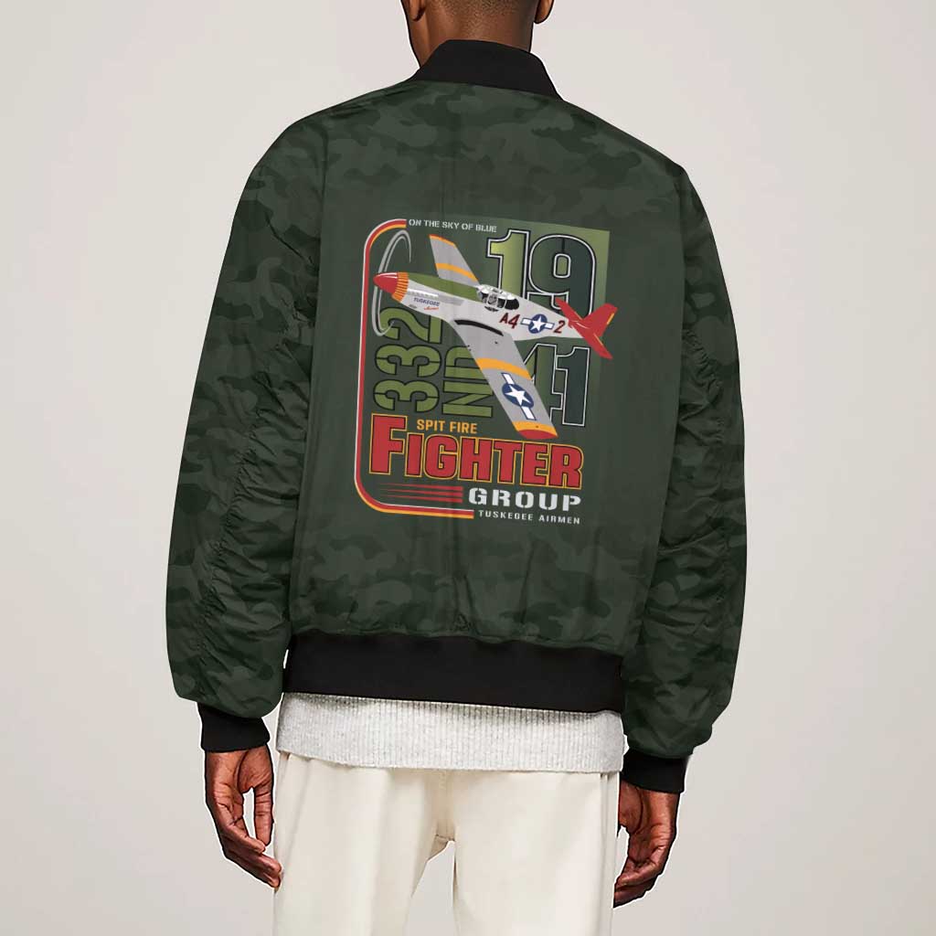 Tuskegee Airmen Camo Moss Green Sleeve Zip Bomber Jacket 332nd Spit Fire - African Pride