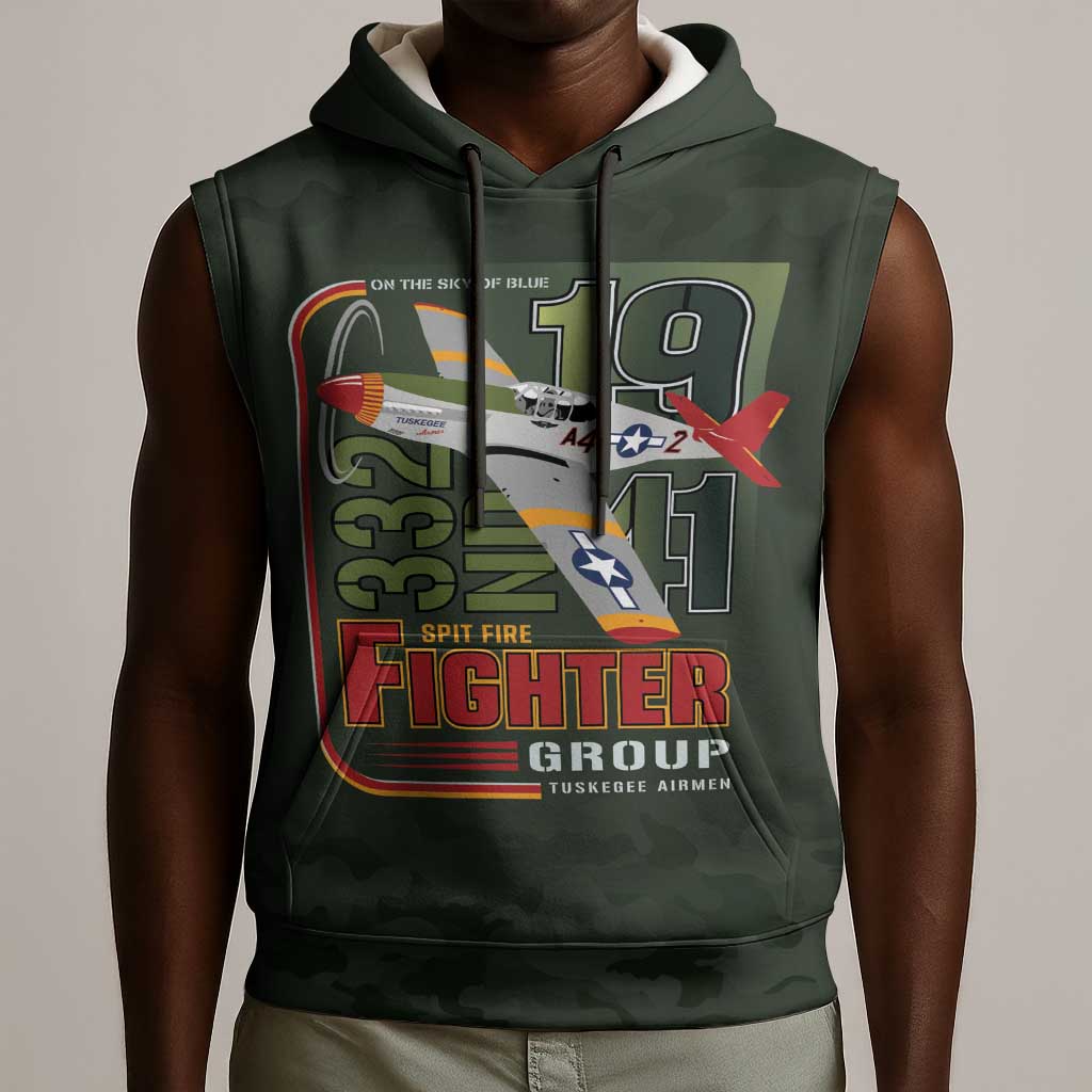 Tuskegee Airmen Camo Moss Green Sleeveless Hoodie 332nd Spit Fire - African Pride