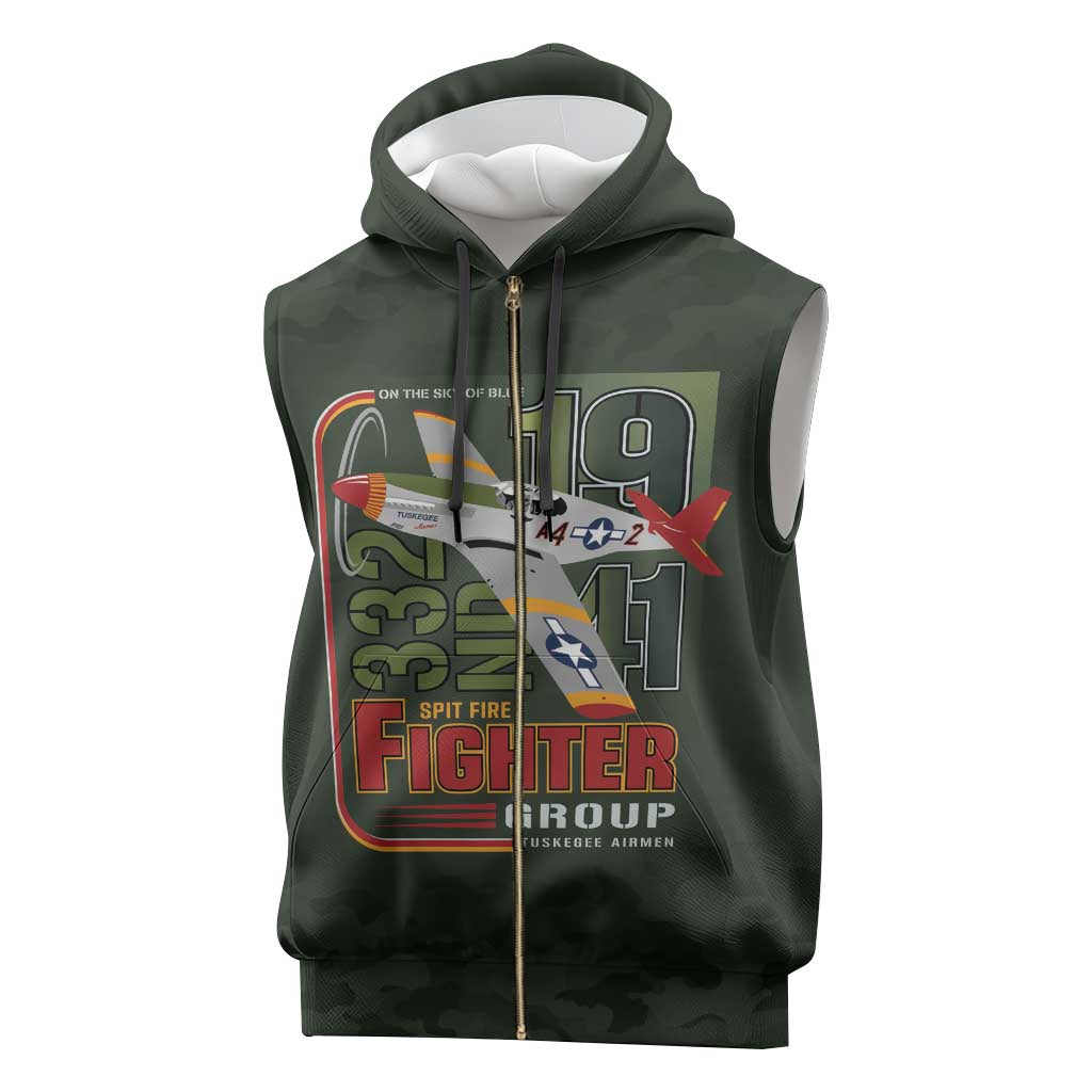 Tuskegee Airmen Camo Moss Green Sleeveless Zip Hoodie 332nd Spit Fire - African Pride