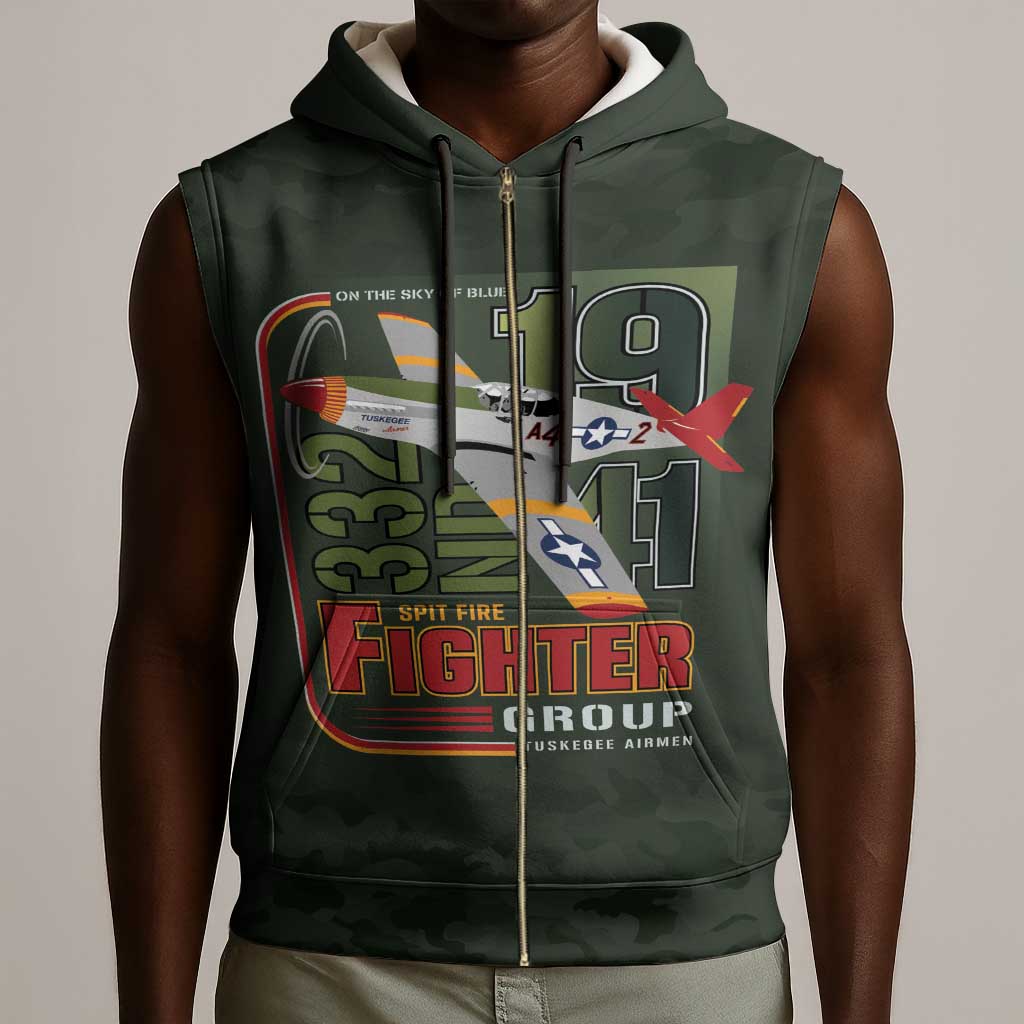 Tuskegee Airmen Camo Moss Green Sleeveless Zip Hoodie 332nd Spit Fire - African Pride