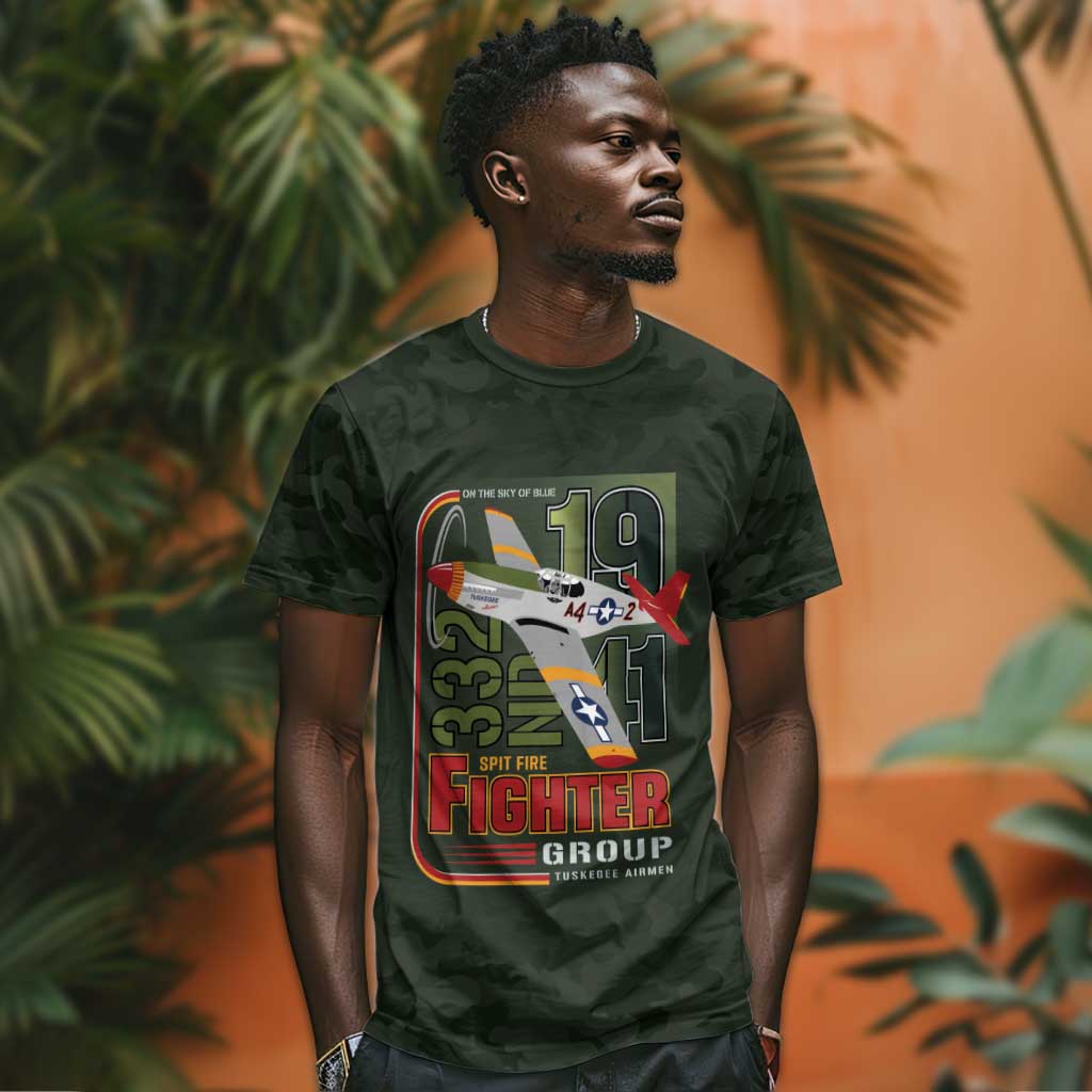 Tuskegee Airmen Camo Moss Green T shirt 332nd Spit Fire - African Pride