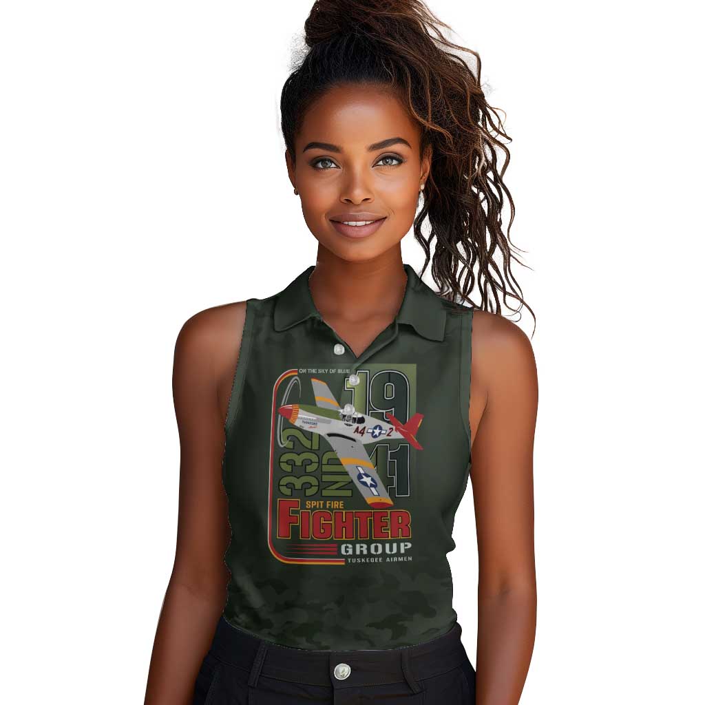 Tuskegee Airmen Camo Moss Green Women Sleeveless Polo Shirt 332nd Spit Fire - African Pride