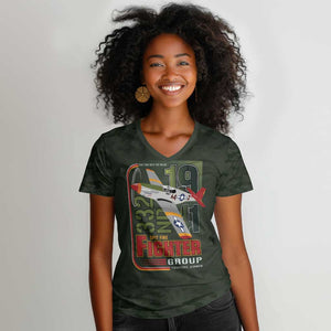 Tuskegee Airmen Camo Moss Green Women V-Neck T-Shirt 332nd Spit Fire - African Pride