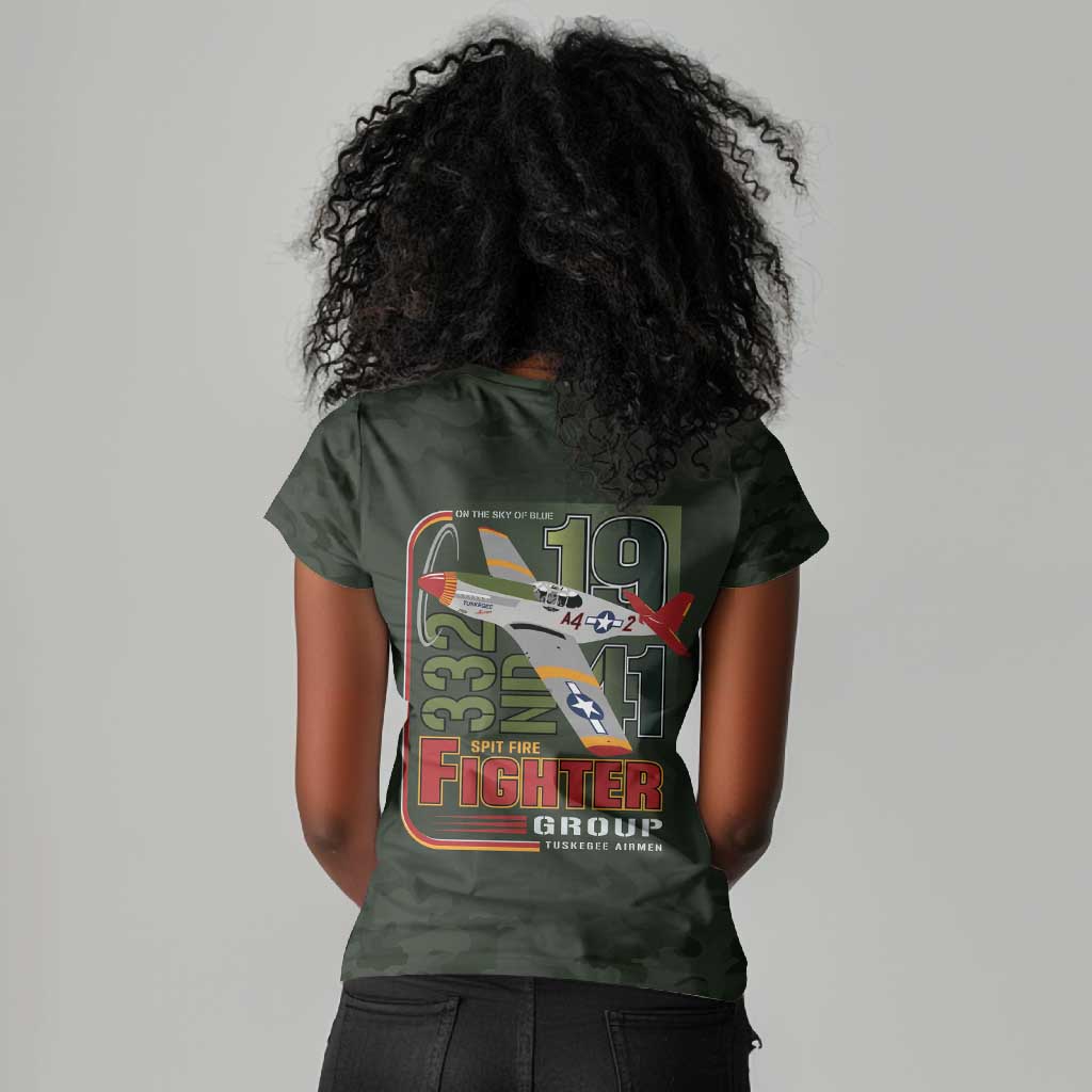Tuskegee Airmen Camo Moss Green Women V-Neck T-Shirt 332nd Spit Fire - African Pride