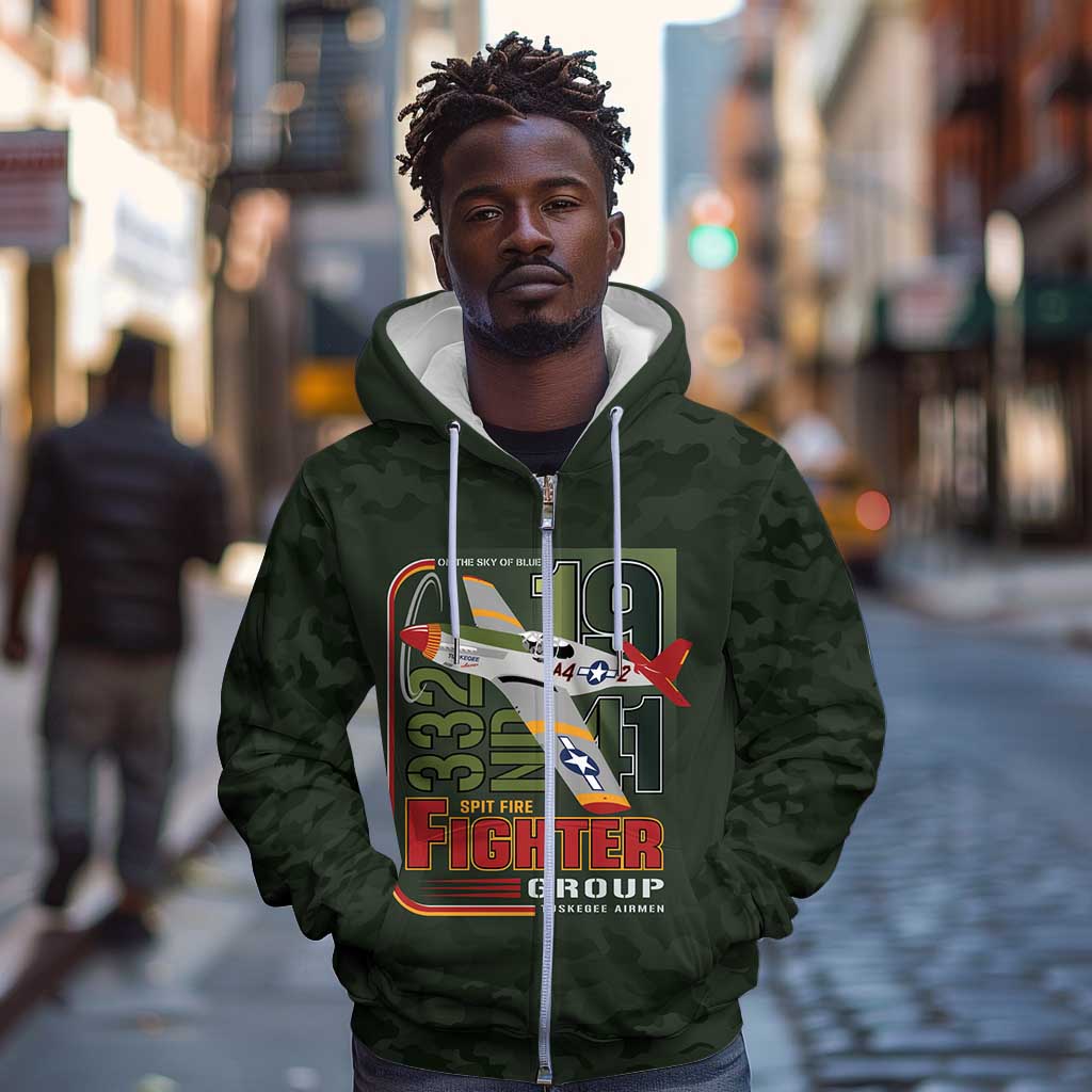 Tuskegee Airmen Camo Moss Green Zip Hoodie 332nd Spit Fire - African Pride
