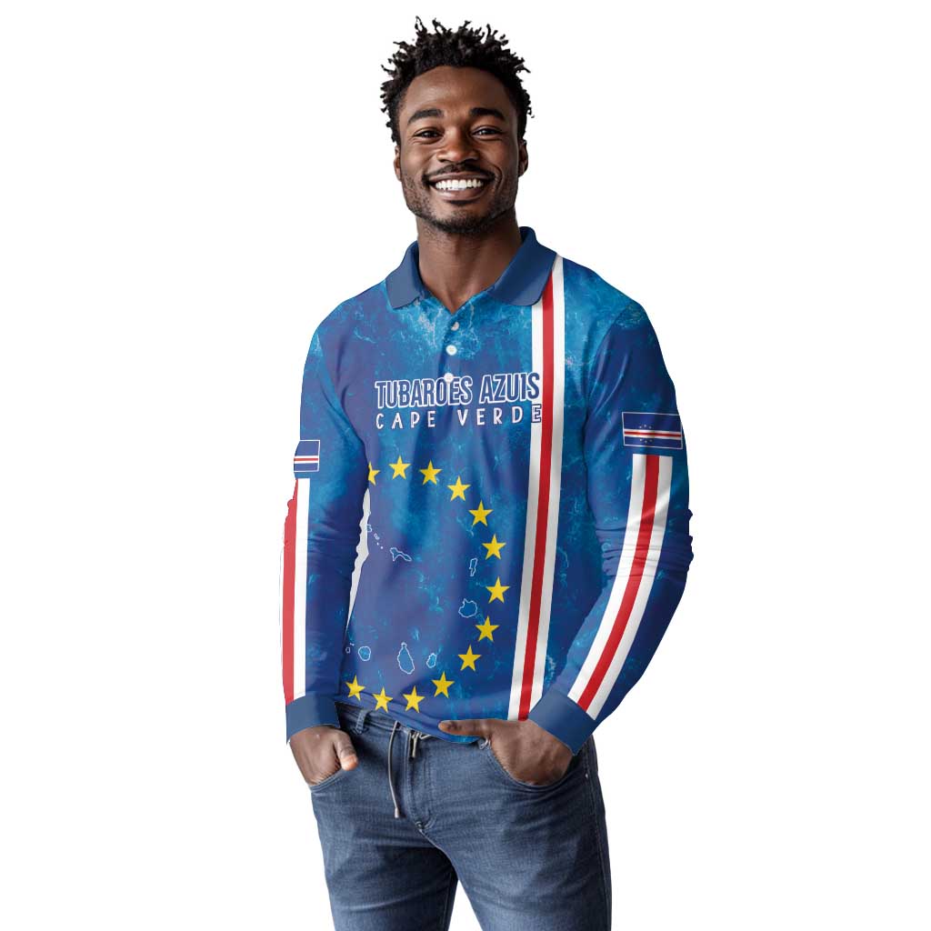 Cape Verde Tubaroes Azuis Custom Long Sleeve Polo Shirt Break The Waves - African Pride