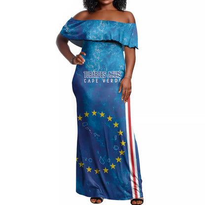 Cape Verde Tubaroes Azuis Custom Off Shoulder Maxi Dress Break The Waves - African Pride