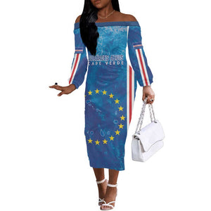 Cape Verde Tubaroes Azuis Custom Off The Shoulder Long Sleeve Dress Break The Waves - African Pride