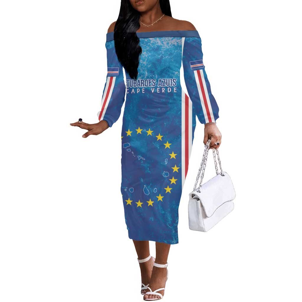 Cape Verde Tubaroes Azuis Custom Off The Shoulder Long Sleeve Dress Break The Waves - African Pride