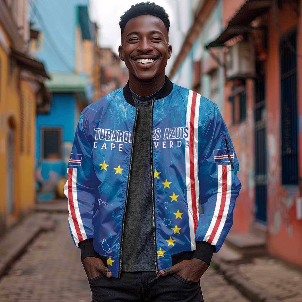 Cape Verde Tubaroes Azuis Custom Sleeve Zip Bomber Jacket Break The Waves - African Pride