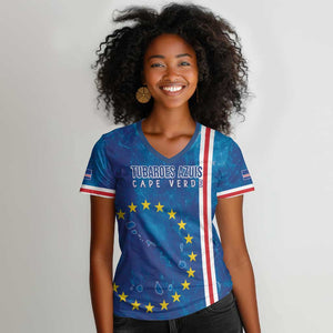 Cape Verde Tubaroes Azuis Custom Women V-Neck T-Shirt Break The Waves - African Pride