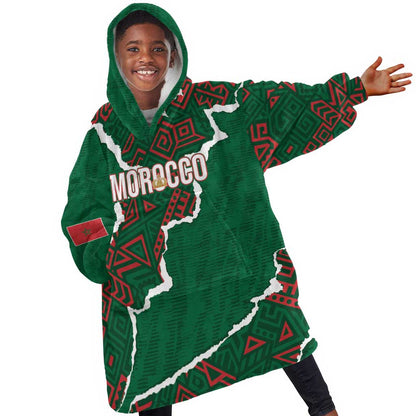 Morocco Football Custom Kid Wearable Blanket Hoodie Grunge Motifs
