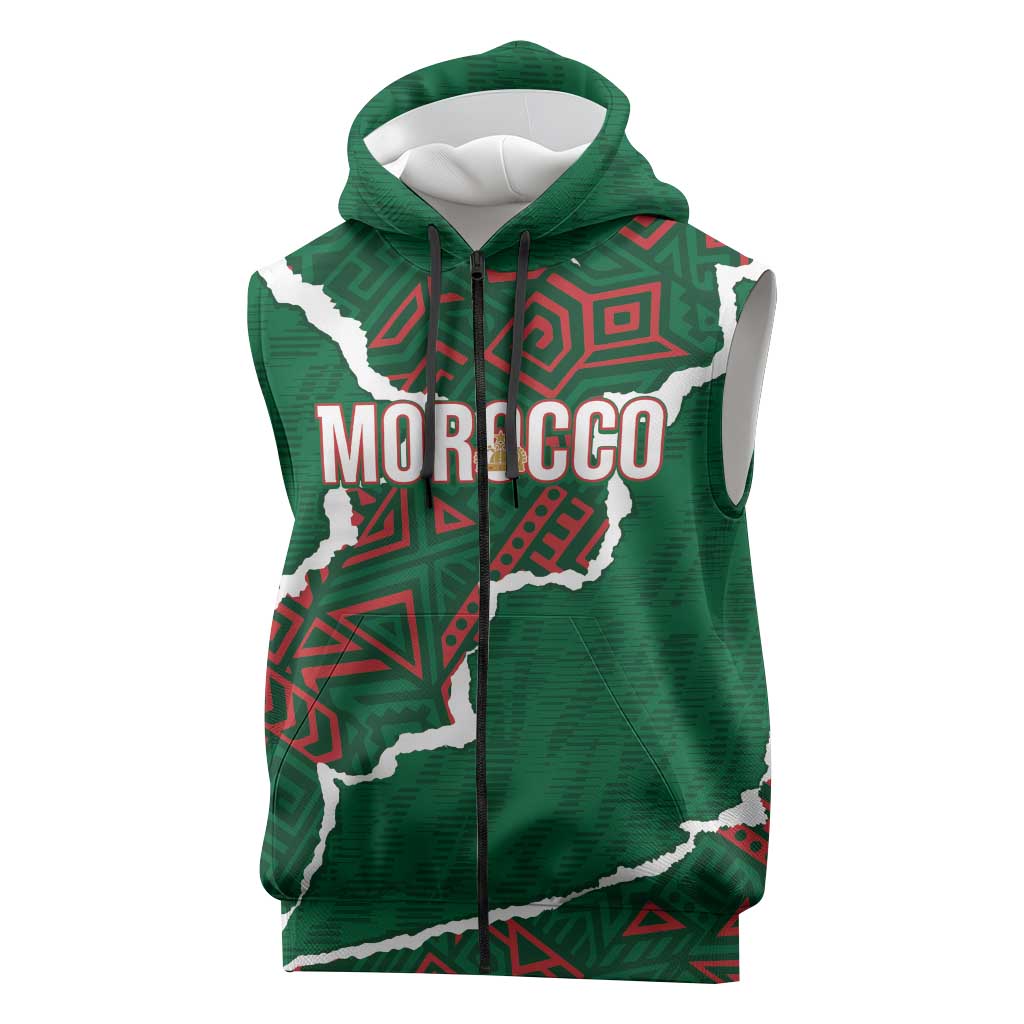 Morocco Football Custom Sleeveless Zip Hoodie Grunge Motifs