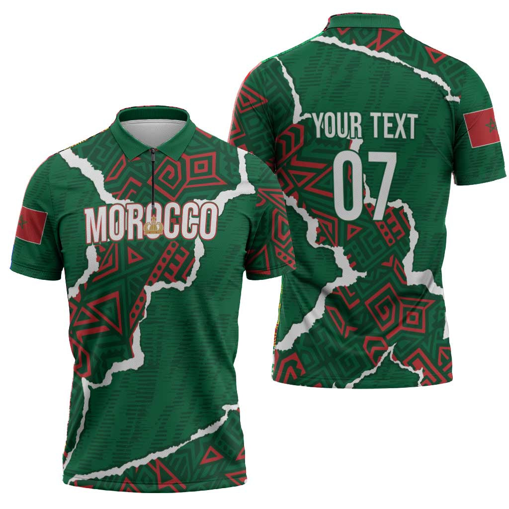 Morocco Football Custom Zipper Polo Shirt Grunge Motifs