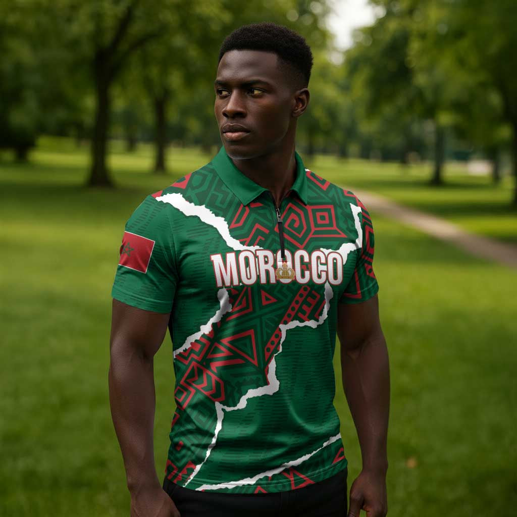 Morocco Football Custom Zipper Polo Shirt Grunge Motifs