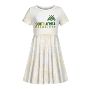 Custom South Africa Cricket Champion Kid Short Sleeve Dress Gold Proteas - All White - African Pride