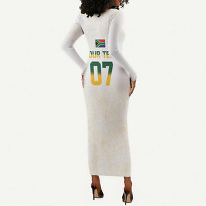 Custom South Africa Cricket Champion Long Sleeve Bodycon Dress Gold Proteas - All White - African Pride