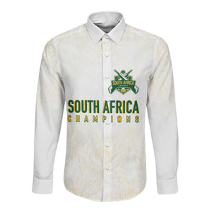 Custom South Africa Cricket Champion Long Sleeve Button Shirt Gold Proteas - All White - African Pride