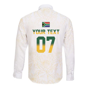 Custom South Africa Cricket Champion Long Sleeve Button Shirt Gold Proteas - All White - African Pride