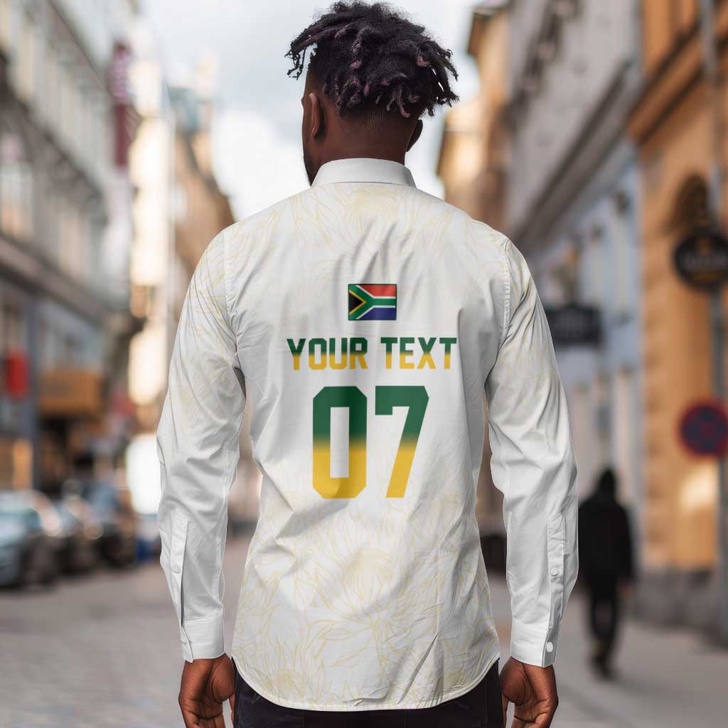 Custom South Africa Cricket Champion Long Sleeve Button Shirt Gold Proteas - All White - African Pride
