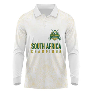 Custom South Africa Cricket Champion Long Sleeve Polo Shirt Gold Proteas - All White - African Pride