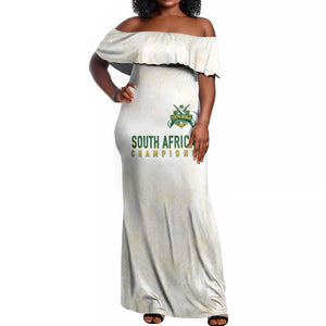 Custom South Africa Cricket Champion Off Shoulder Maxi Dress Gold Proteas - All White - African Pride