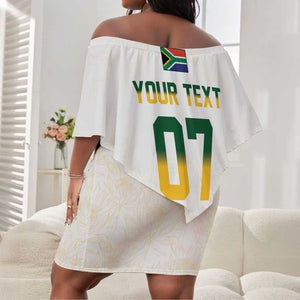 Custom South Africa Cricket Champion Off Shoulder Short Dress Gold Proteas - All White - African Pride
