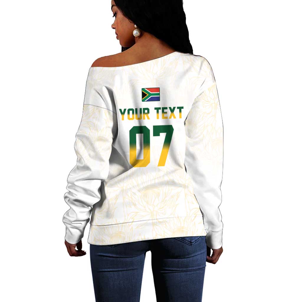 Custom South Africa Cricket Champion Off Shoulder Sweater Gold Proteas - All White - African Pride