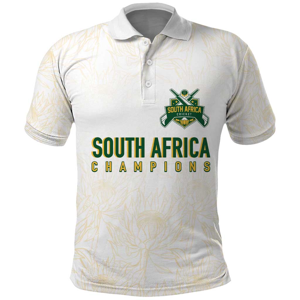 Custom South Africa Cricket Champion Polo Shirt Gold Proteas - All White - African Pride