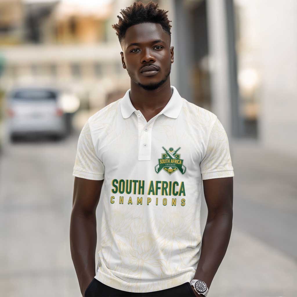 Custom South Africa Cricket Champion Polo Shirt Gold Proteas - All White - African Pride