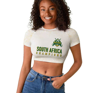 Custom South Africa Cricket Champion Raglan Cropped T shirt Gold Proteas - All White - African Pride