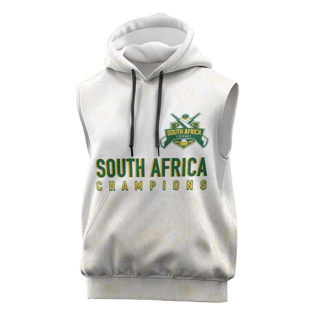 Custom South Africa Cricket Champion Sleeveless Hoodie Gold Proteas - All White - African Pride