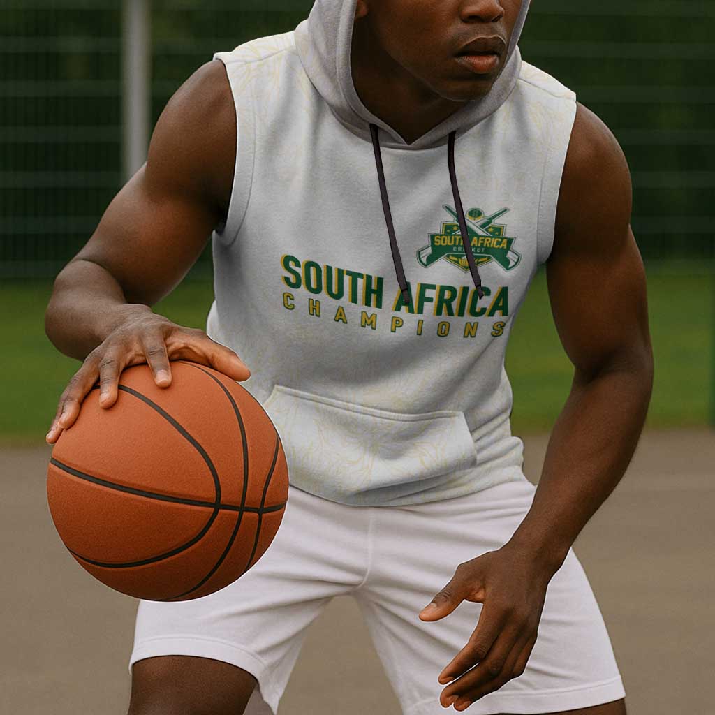Custom South Africa Cricket Champion Sleeveless Hoodie Gold Proteas - All White - African Pride