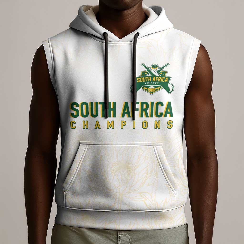 Custom South Africa Cricket Champion Sleeveless Hoodie Gold Proteas - All White - African Pride