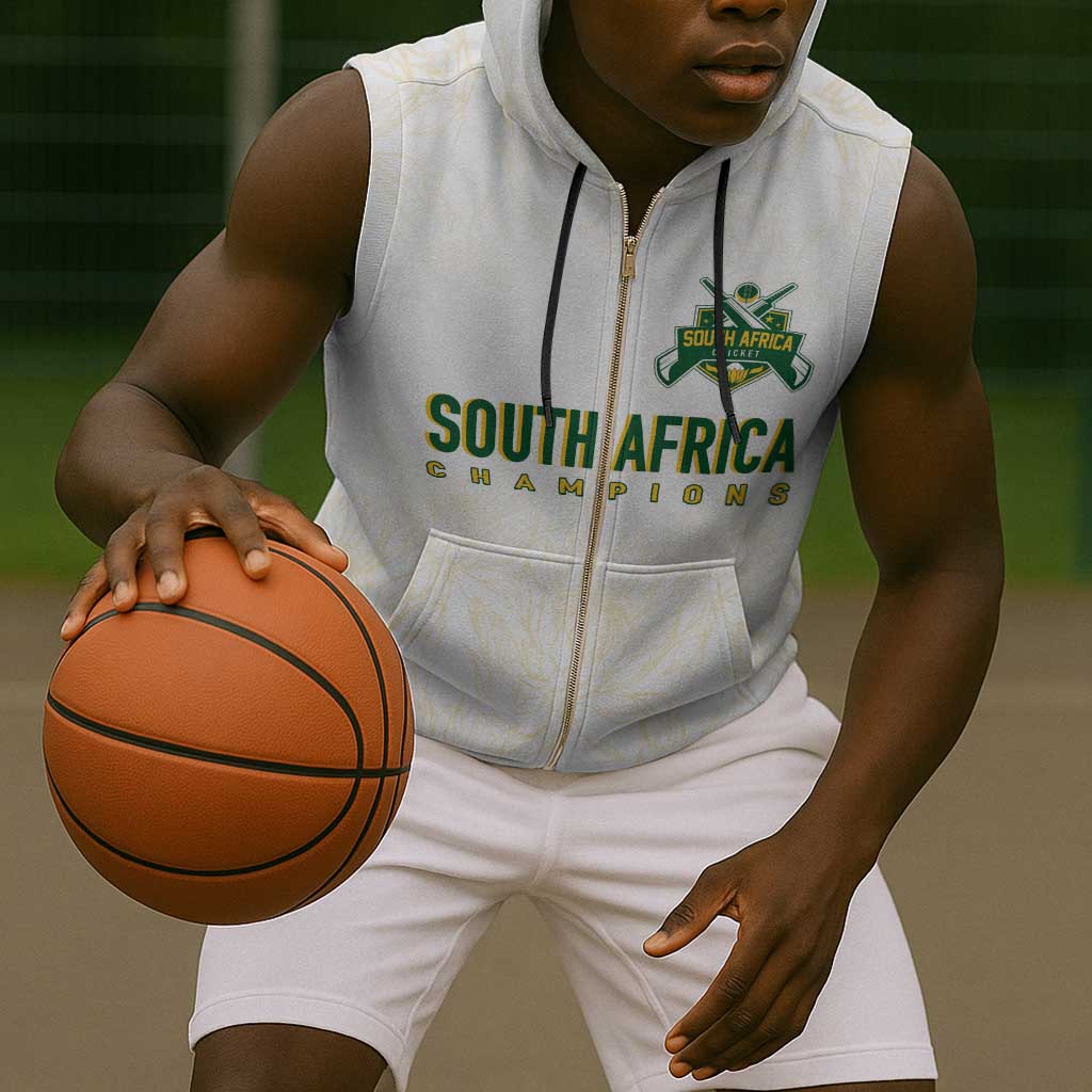 Custom South Africa Cricket Champion Sleeveless Zip Hoodie Gold Proteas - All White - African Pride