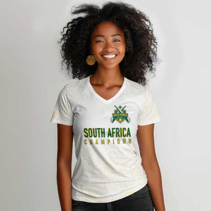 Custom South Africa Cricket Champion Women V-Neck T-Shirt Gold Proteas - All White - African Pride